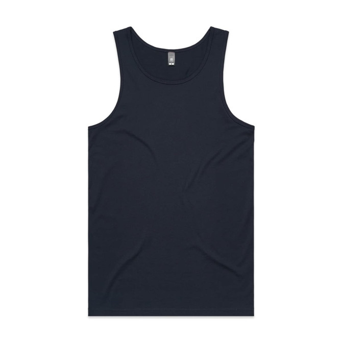 A navy blue singlet featuring a simple design and a logo on the label. Suitable for casual wear.