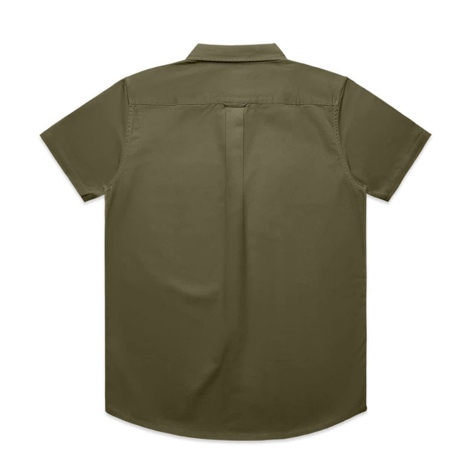 A short-sleeved work shirt in olive green with a back pleat and a collar, featuring a logo.