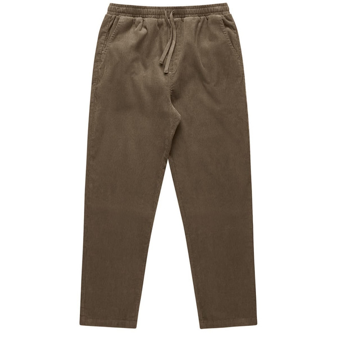 Cord pants in a warm brown colour, featuring an elastic waistband and drawstring. Suitable for casual wear.