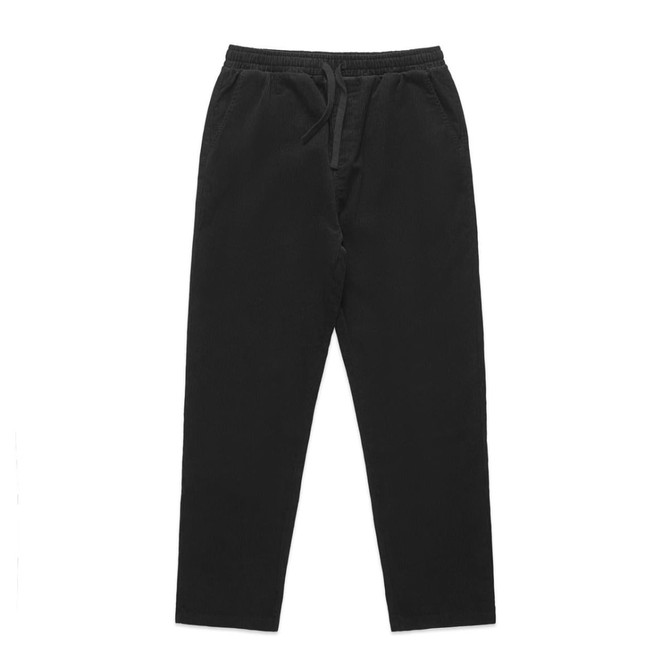 Black cord pants with a drawstring waist, featured in a simple, straight-cut style. The image includes branding.