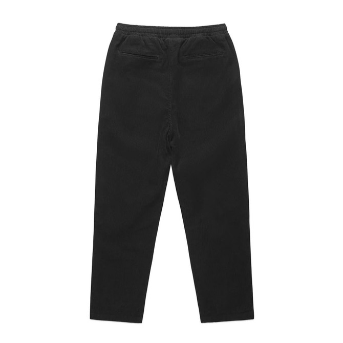 A pair of black cord pants with back pockets and an elastic waistband.