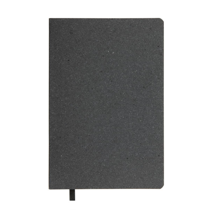 A grey notebook with a textured cover and a black ribbon bookmark. It has rounded corners and is blank inside.