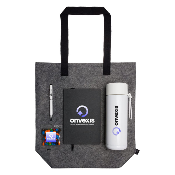 A grey tote bag containing a drink bottle, notebook, pen, and candy. The bag features a logo.