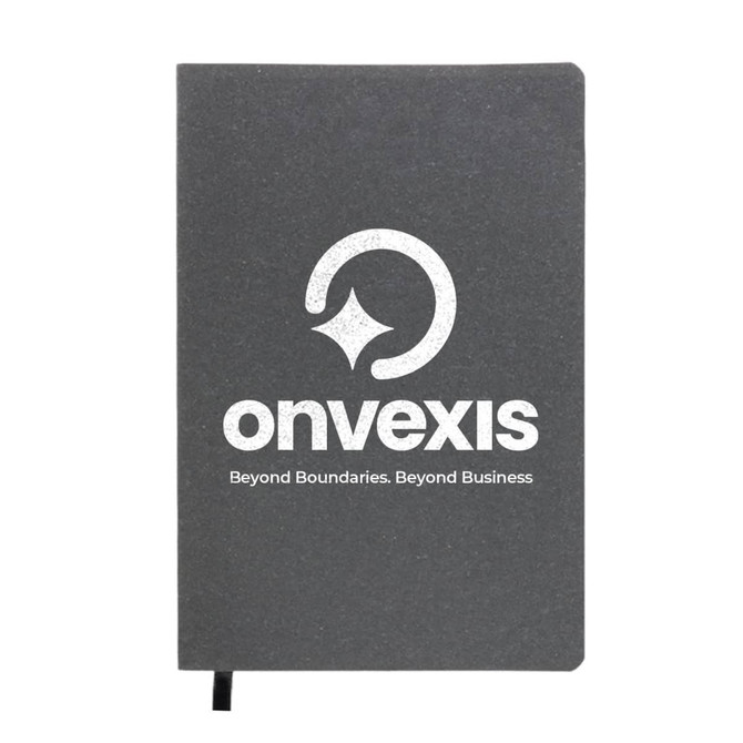 A grey notebook with a logo on the front cover and a black ribbon bookmark.