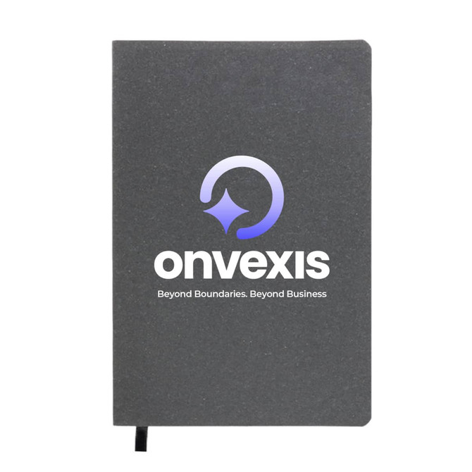 A grey notebook featuring a logo on the front and a ribbon bookmark.