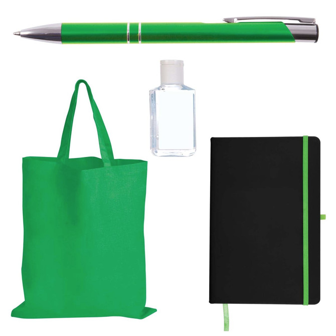 A green tote bag, black notebook with a green elastic band, a green pen, and a clear hand sanitiser bottle.