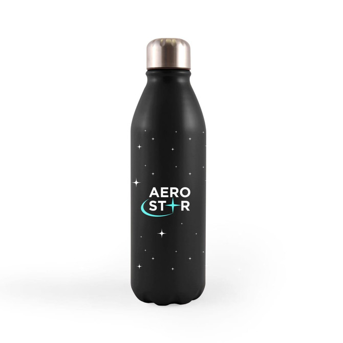 A drink bottle in matte black, featuring a sleek design with stars and a logo on the front.