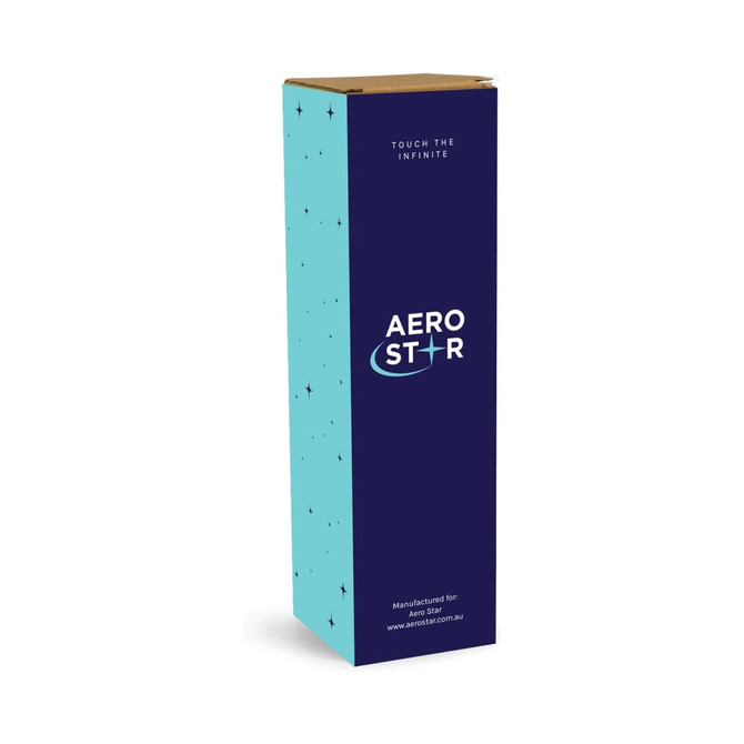 A drink bottle in a blue and dark purple box featuring a logo and starry design.