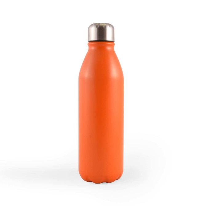 A drink bottle in vibrant orange with a stainless steel cap, featuring a smooth, matte finish and a logo.