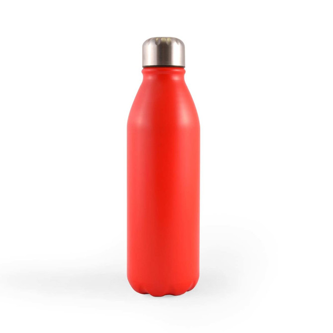 A drink bottle in red with a stainless steel cap, featuring a smooth matte finish and a simple design.