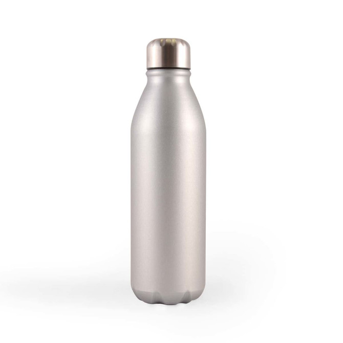 A drink bottle with a sleek silver aluminium finish and a metallic cap, featuring a logo.