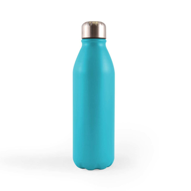 A drink bottle in a bright turquoise colour with a stainless steel cap and a sleek design. It features a logo.