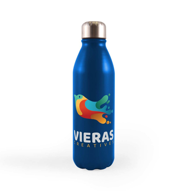 A drink bottle in a vibrant blue colour with a metallic silver lid and a colourful logo design.