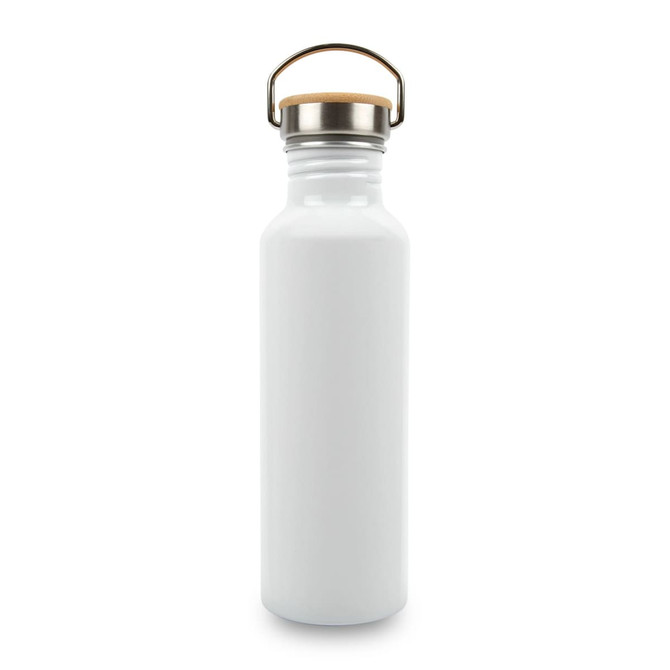 A drink bottle in white with a stainless steel lid and wooden loop. It features a logo on the surface.