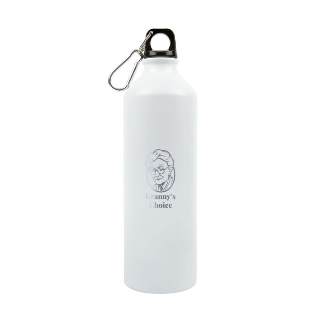 A drink bottle in white aluminium with a black screw top and a carabiner clip, featuring a logo.