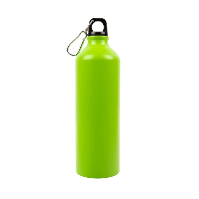 A drink bottle in vibrant lime green, featuring a black lid and a metal clasp for easy carrying.