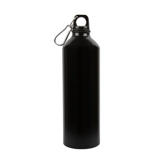 A drink bottle in matte black aluminium with a looped cap for easy carrying. It features a branding logo.