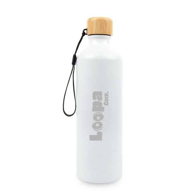 A drink bottle in white with a bamboo lid and a logo, featuring a removable strap for easy carrying.
