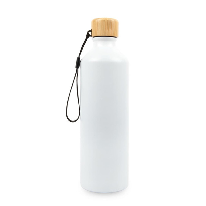 A drink bottle in white with a bamboo lid and a black strap, featuring a logo on the side.