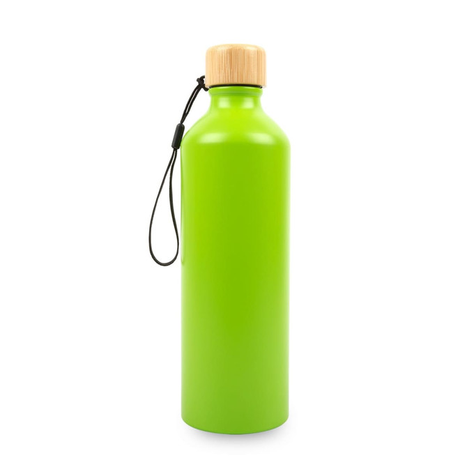 A drink bottle in vibrant green with a bamboo lid and a black carry strap. It features a logo.