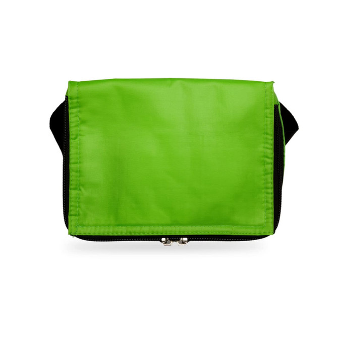 A green insulated bag with a zip closure, featuring a black strap on one side.