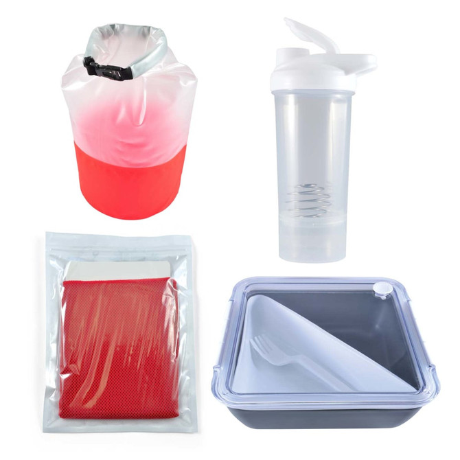 A red and clear dry bag, a transparent drink bottle, a red mesh pouch, and a grey food container with a fork inside.