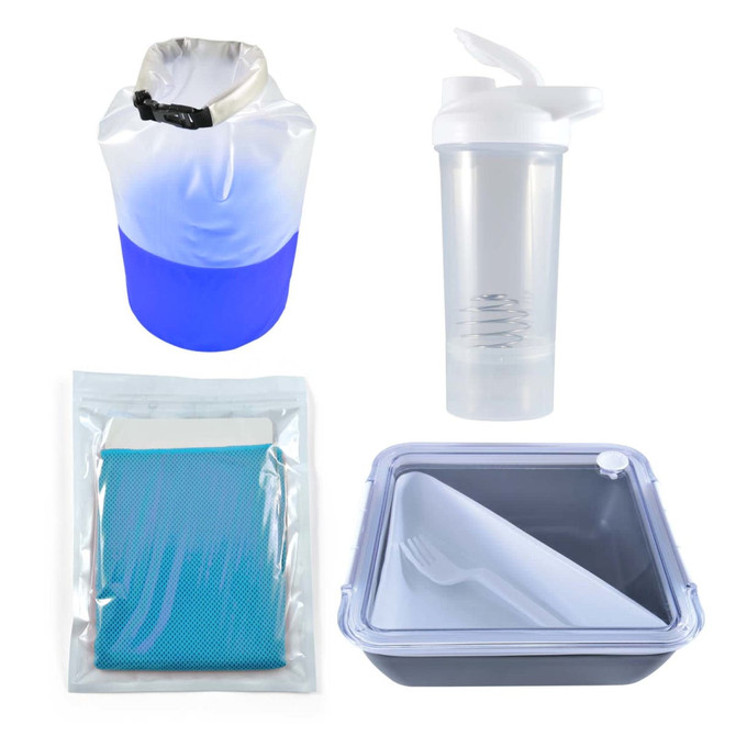 A blue and white dry bag, clear drink bottle, teal mesh towel, and grey food container with a fork.
