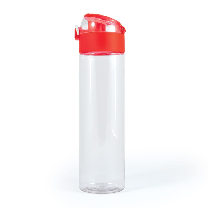 A drink bottle in clear plastic with a red lid and matching handle. The bottle has a sleek, modern design.