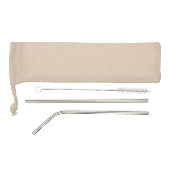 A drinkware set featuring two stainless steel straws, a cleaning brush, and a canvas storage pouch.