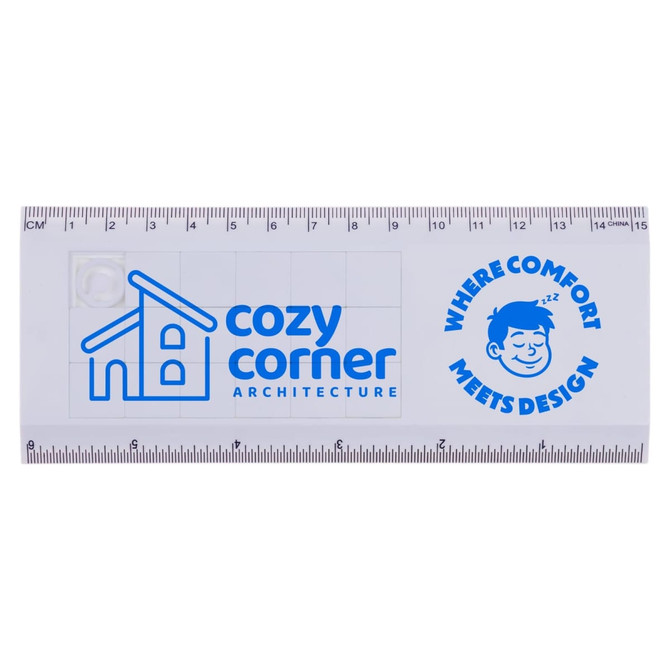 A clear ruler featuring a blue design with a logo, measurements, and cartoon character illustration.
