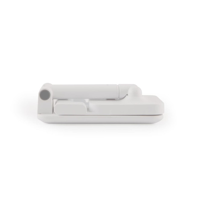 A white phone stand with a compact, foldable design, featuring a simple structure for holding devices.