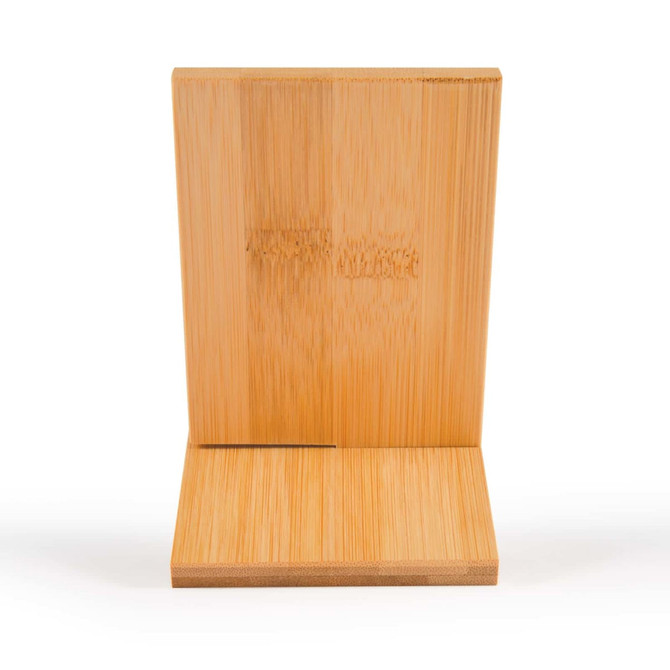 A bamboo phone stand in a natural finish, featuring a simple and elegant design, with a logo on the back.