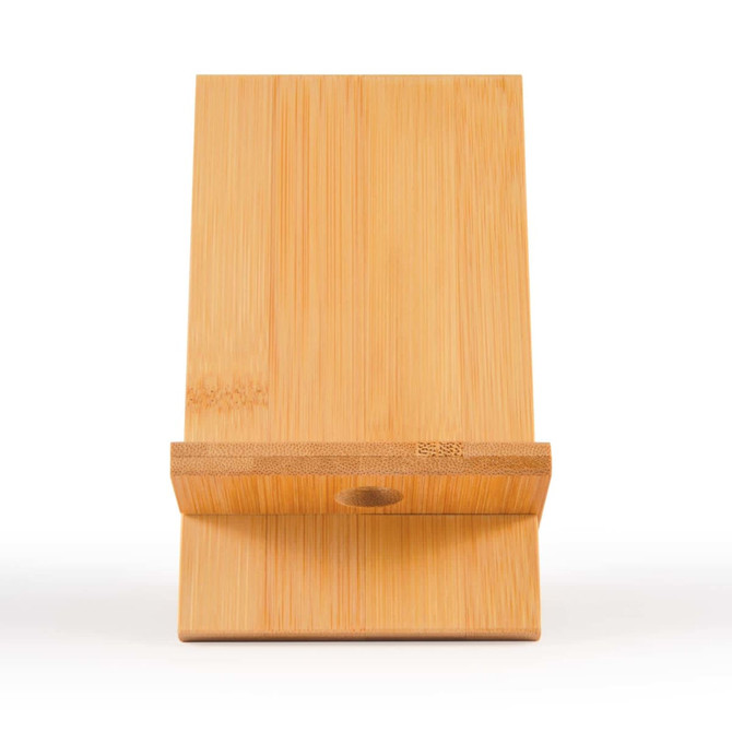 A bamboo phone stand with a simple, natural finish and a circular cutout for secure placement.