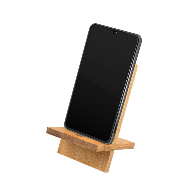 A bamboo phone stand with a sleek design, holding a black smartphone at an angle. It features a logo on the base.