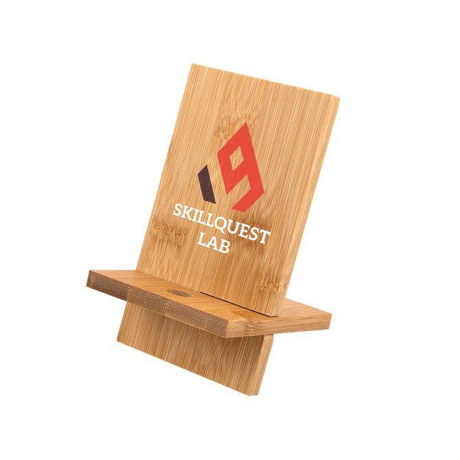 A bamboo phone stand with a sleek design and a logo, featuring natural wood tones.