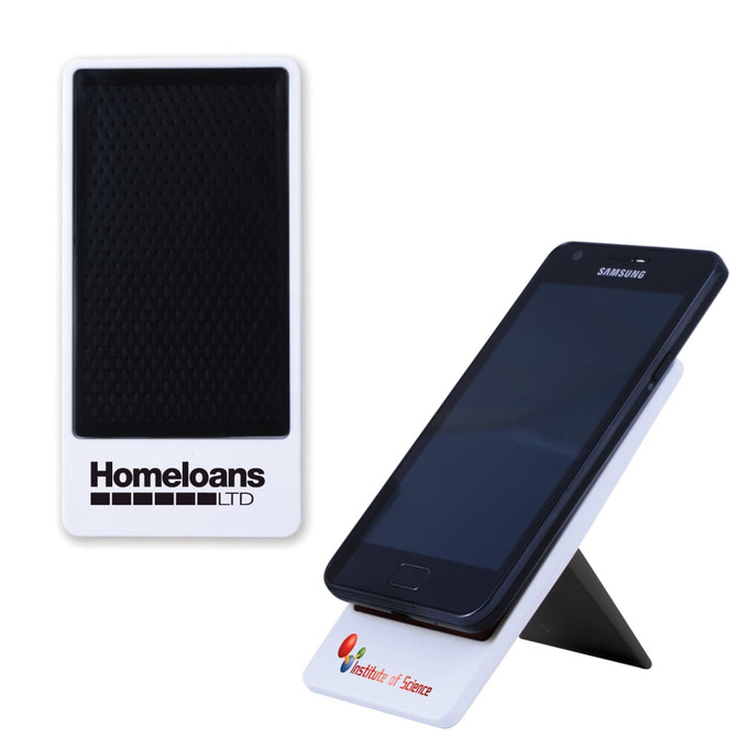 A white and black smartphone holder with a triangular stand, displaying a smartphone on one side. It has a logo.