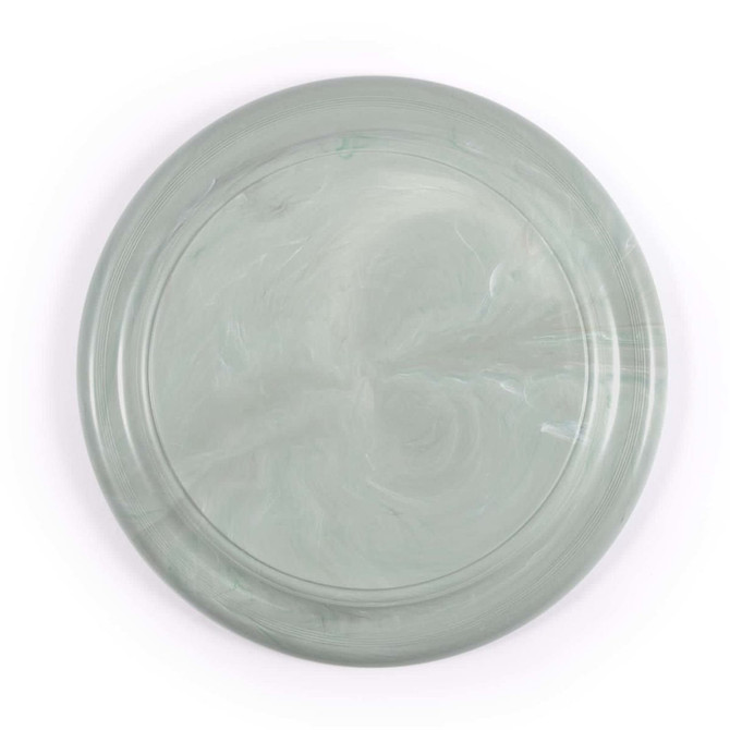 A green, marbled frisbee with a smooth surface and a subtle swirl pattern; features a logo.