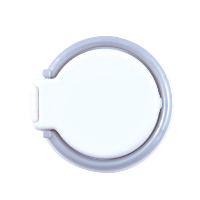 A white and grey phone grip and stand with a circular design and a small latch. It features a logo on the surface.