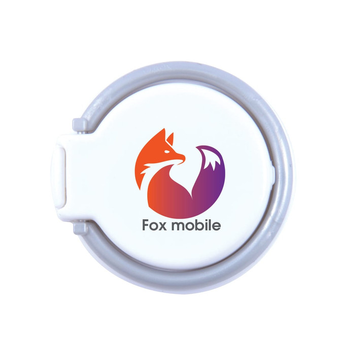 A circular phone grip and stand in white and grey, featuring a logo of a stylised fox.