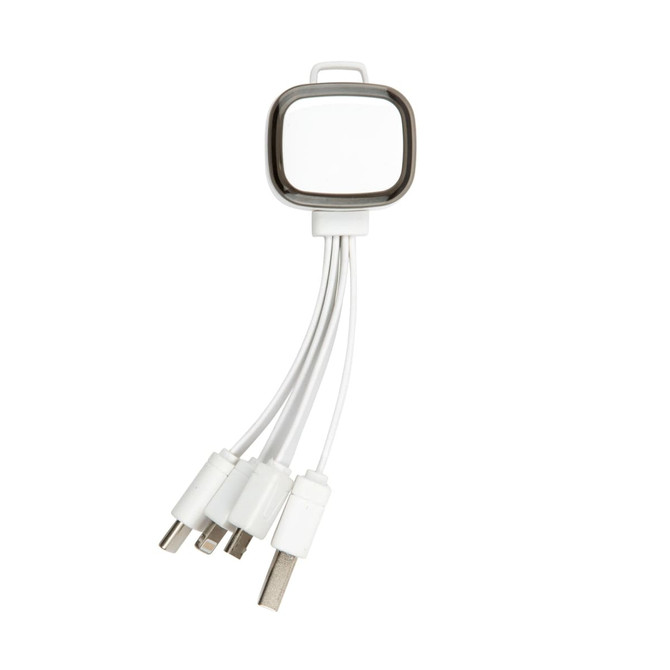A white 3 in 1 charging cable with multiple connectors, featuring a square attachment at one end and a logo.
