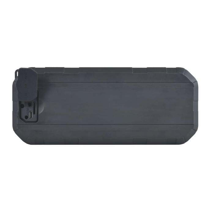 A water resistant speaker in black with a rugged design and a side section featuring various ports and an opening.