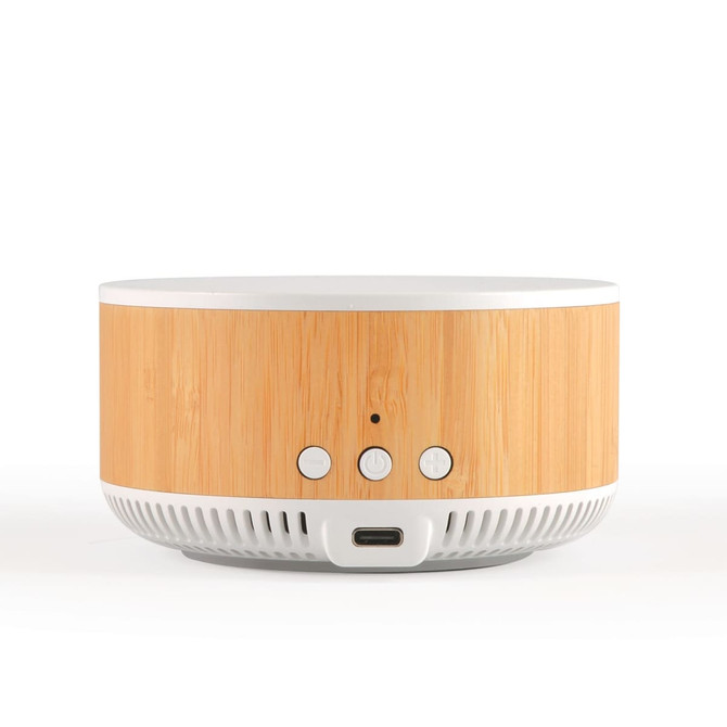 A wireless speaker and charger with a bamboo wooden design and white accents, featuring control buttons and a USB-C port.