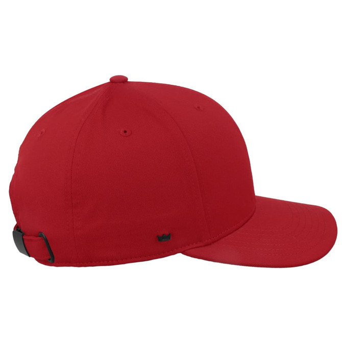 A red classic 6 panel cap featuring a logo and an adjustable strap at the back.
