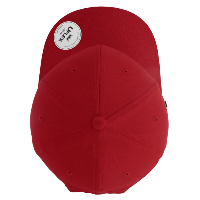 A red six-panel cap with a rounded top and a straight peak, featuring a logo on the side.