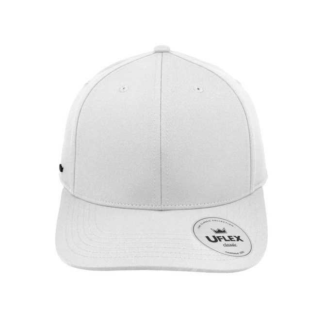 A white UFlex Classic 6 Panel Cap featuring a structured design and logo on the side.