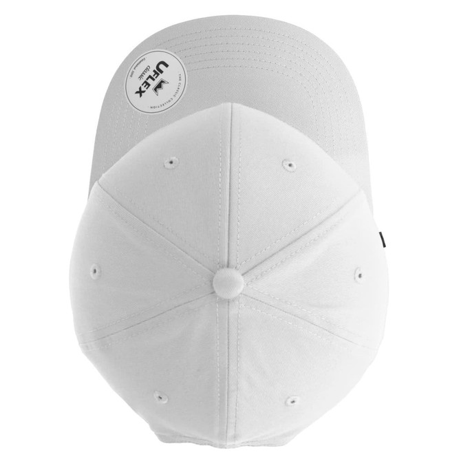 A white six-panel cap with a rounded crown and a curved brim, featuring a logo on the side.
