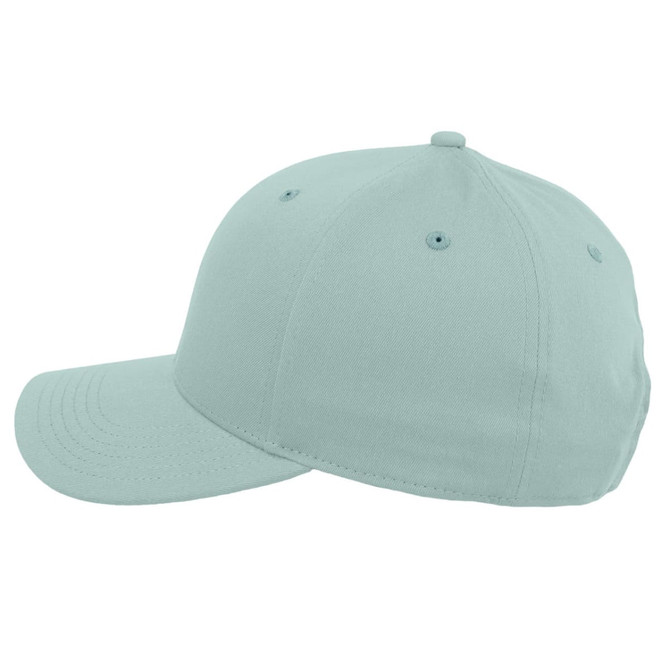A light blue five-panel cap with a curved brim and ventilation holes, featuring a branding logo.