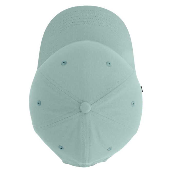 A light blue five-panel cap with a seamless front and a button on top, featuring eyelet vents and a logo.