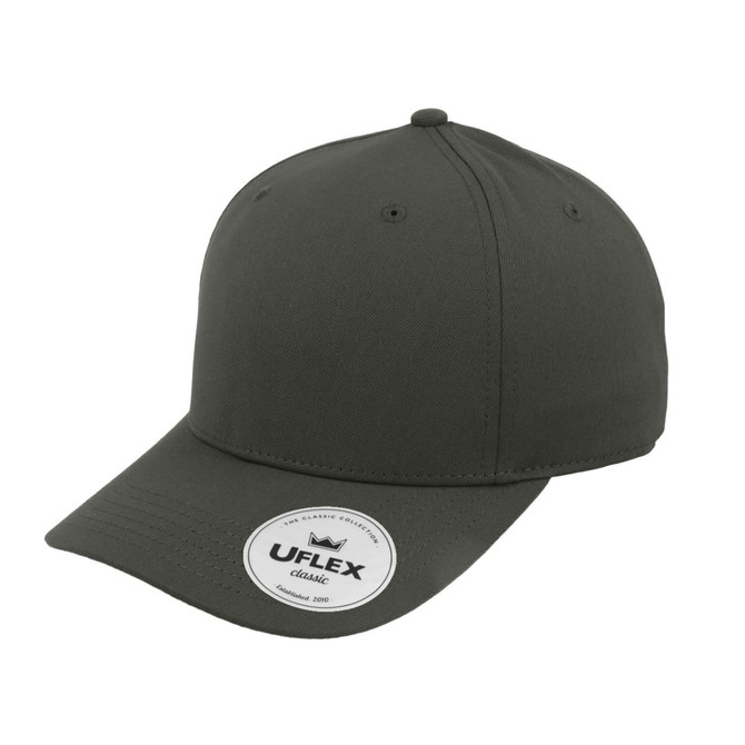 A classic five-panel cap in dark green with a logo on the front and a curved peak.