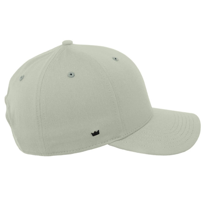 A light grey classic 5 panel cap with a curved brim and a logo on the side.